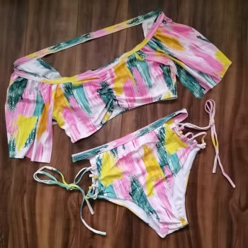Off Should Two Piece Swimsuit Woman Swimwear Lace Up High Waist Bathing Suit 2021 Beach May Female Tankini Set Flounce Bikini
